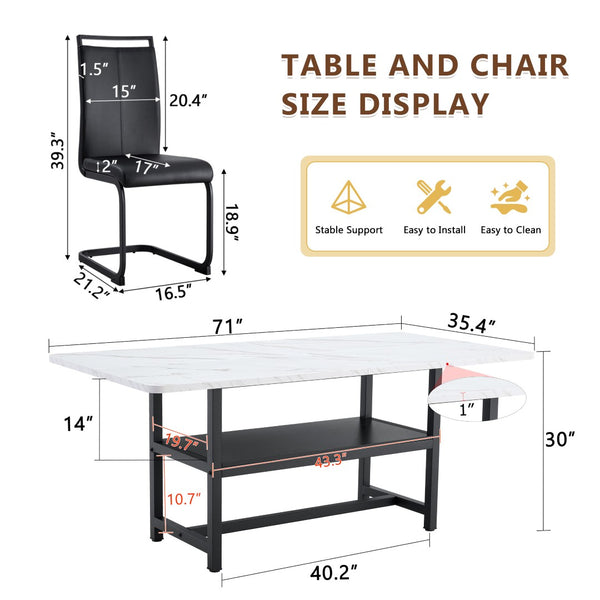 English Elm Table And Chair Set - Modern 71" White Grain Dining Table With Built-In Storage & 6 Black Pu Chairs W1151S04274-GIGA