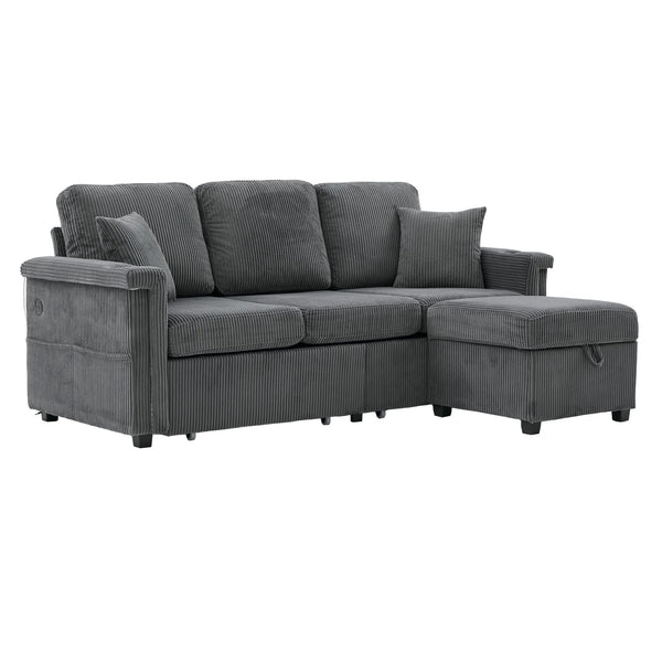 English Elm UNITED Corduroy L-Shaped Sectional Sofa with Storage Ottoman, USB Ports, Cup Holders & LED Lighting Dark Gray W1568P332407