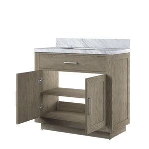 English Elm Grey Oak Single-Sink Vanity With Elegant Carrara Marble Top - Fully Assembled, Soft-Close Hardware B2731P257678
