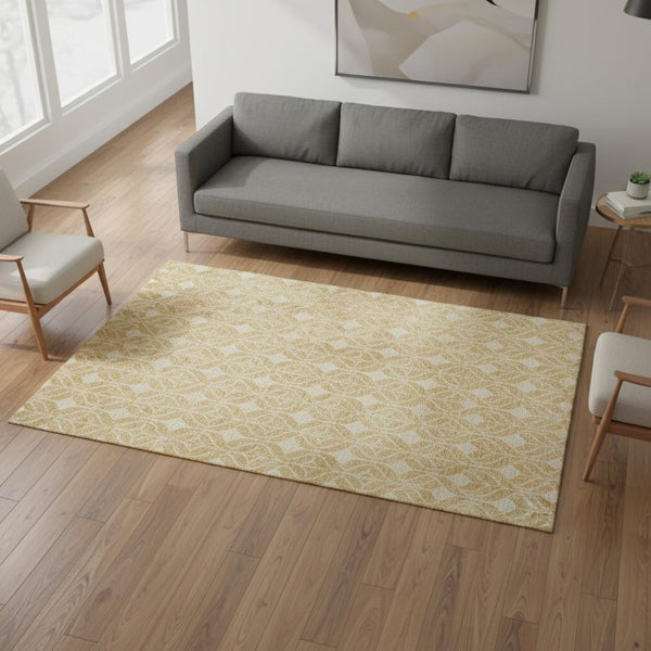 HomeRoots 5' X 8' Gold and Beige Geometric Area Rug - Washable, UV-Protected, Stain-Resistant Design for Modern Homes 674001