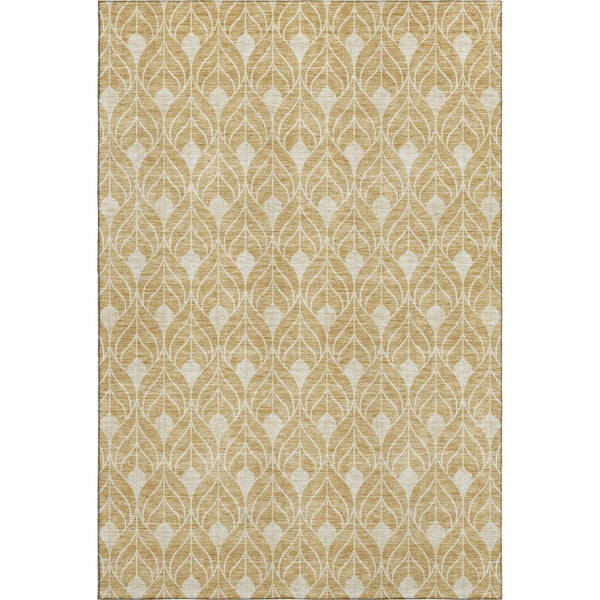 HomeRoots 5' X 8' Gold and Beige Geometric Area Rug - Washable, UV-Protected, Stain-Resistant Design for Modern Homes 674001