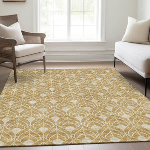 HomeRoots 5' X 8' Gold and Beige Geometric Area Rug - Washable, UV-Protected, Stain-Resistant Design for Modern Homes 674001