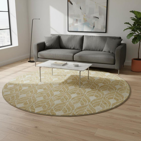 HomeRoots 8' Gold and Beige Geometric Round Rug - Washable, Stain-Resistant, UV Protected for High Traffic Areas 674002