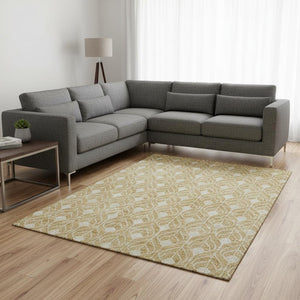 HomeRoots 9' X 12' Gold and Beige Geometric Area Rug – Durable, Washable, UV-Protection for Modern Living Spaces 674004