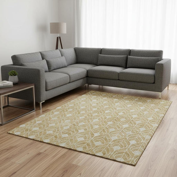 HomeRoots 9' X 12' Gold and Beige Geometric Area Rug – Durable, Washable, UV-Protection for Modern Living Spaces 674004
