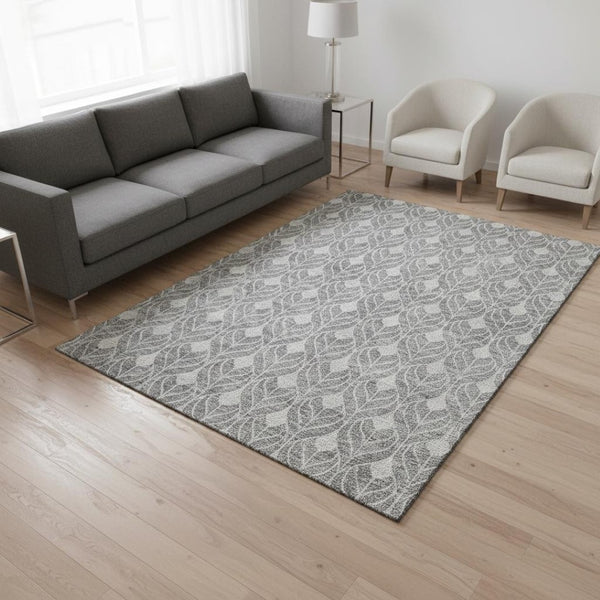 HomeRoots 5' X 8' Gray And Silver Geometric Area Rug – Washable, UV-Protected, Modern Design for High-Traffic Spaces 674007