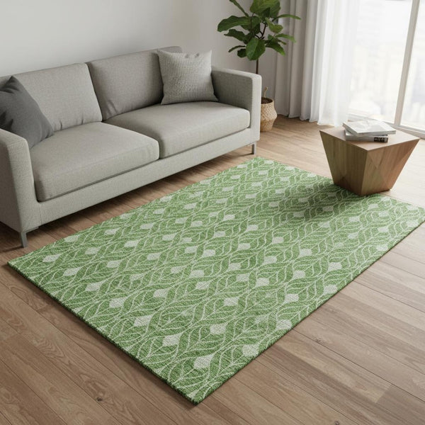 HomeRoots 5' X 8' Green and Ivory Geometric Area Rug - Durable, Washable, UV-Protected for Modern Living Spaces 674013