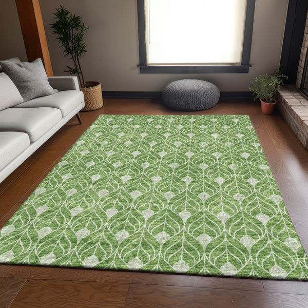 HomeRoots 5' X 8' Green and Ivory Geometric Area Rug - Durable, Washable, UV-Protected for Modern Living Spaces 674013