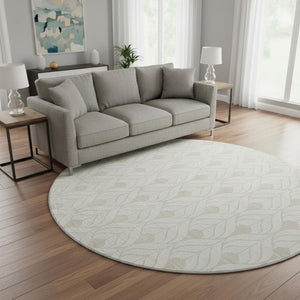 HomeRoots 8' Ivory and Beige Geometric Washable Round Rug – Durable, Stylish, UV-Protected, Perfect for Homes! 674020