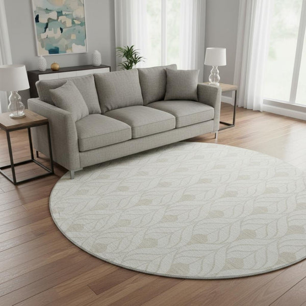 HomeRoots 8' Ivory and Beige Geometric Washable Round Rug – Durable, Stylish, UV-Protected, Perfect for Homes! 674020