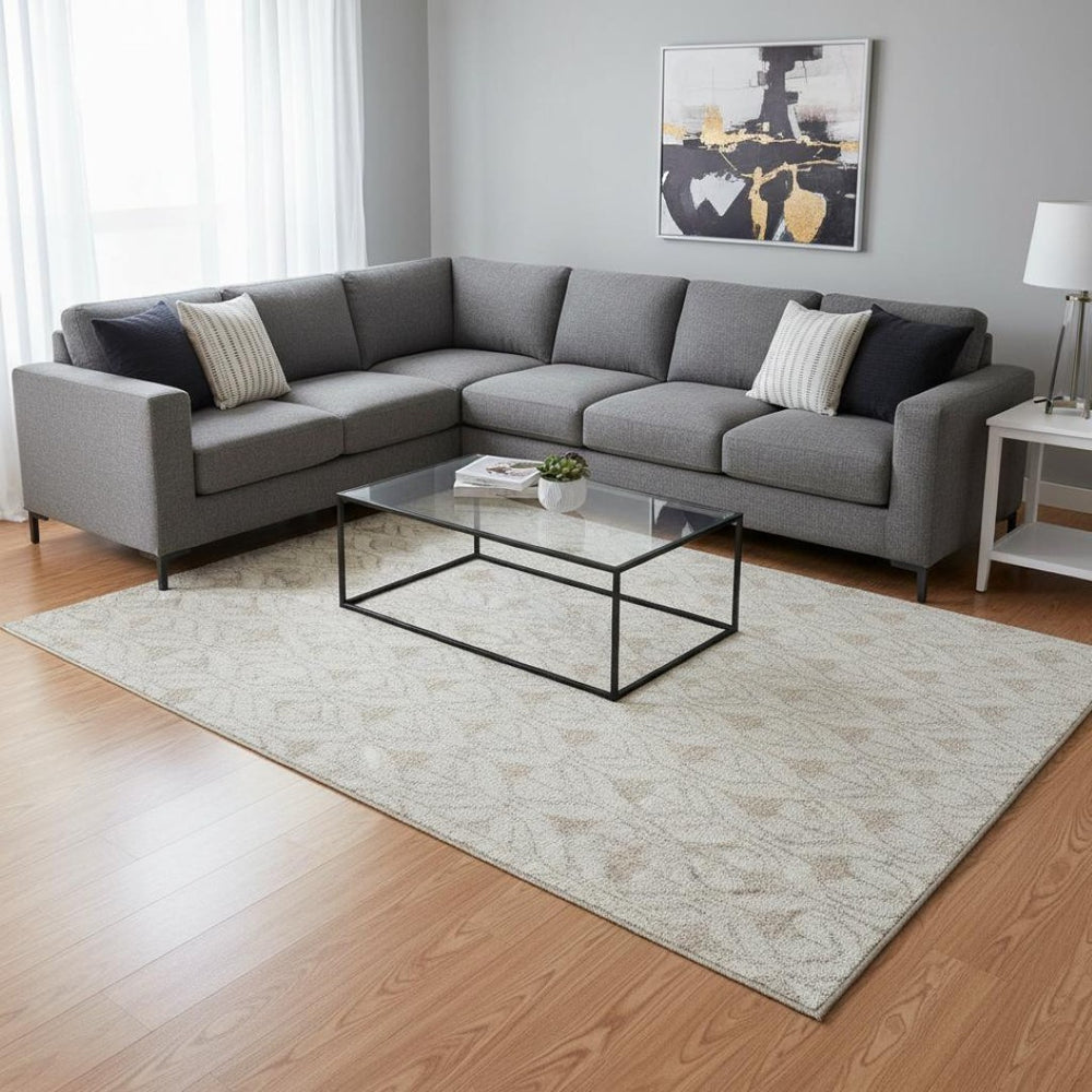 HomeRoots 9' X 12' Ivory Beige Geometric Area Rug - Durable, Washable, UV Protected for Modern Homes & Pets 674022