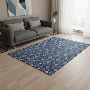 HomeRoots 5' X 8' Stylish Navy Blue & Silver Geometric Area Rug – Durable, Washable, UV Protected & Stain Resistant 674025