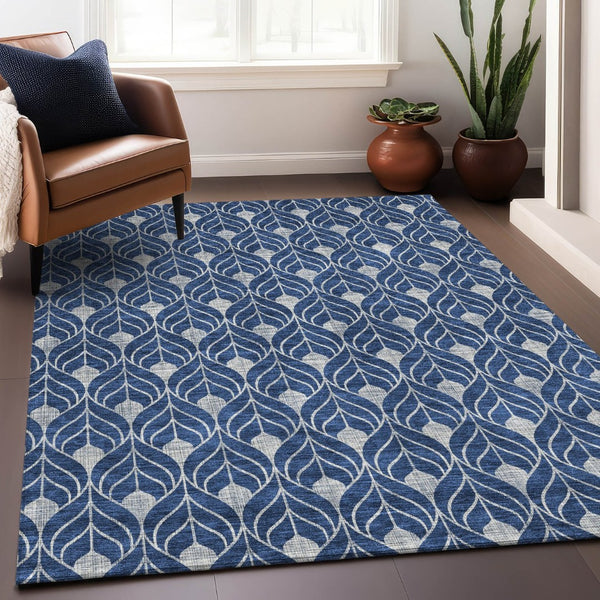 HomeRoots 5' X 8' Stylish Navy Blue & Silver Geometric Area Rug – Durable, Washable, UV Protected & Stain Resistant 674025