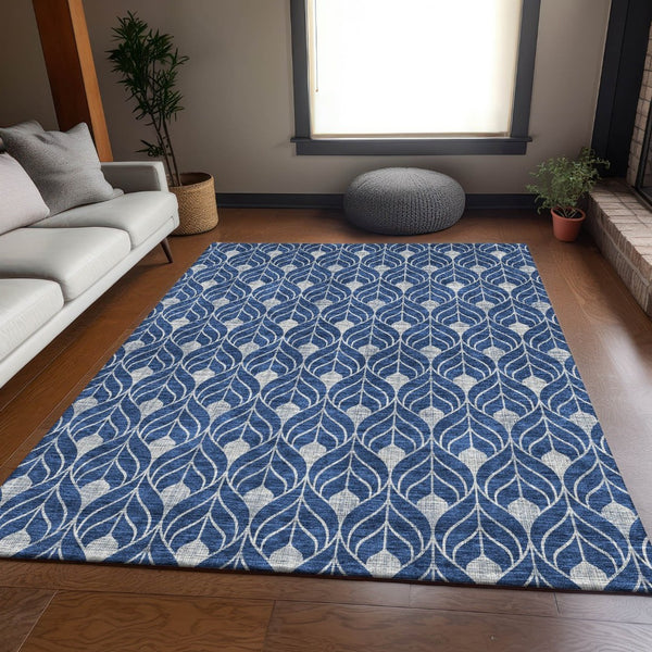 HomeRoots 5' X 8' Stylish Navy Blue & Silver Geometric Area Rug – Durable, Washable, UV Protected & Stain Resistant 674025