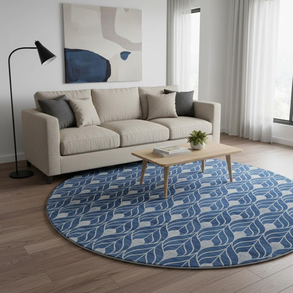 HomeRoots 8' Stylish Navy Blue & Silver Geometric Washable Round Rug - UV Protected, Stain Resistant & Durable 674026