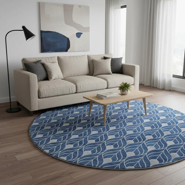 HomeRoots 8' Stylish Navy Blue & Silver Geometric Washable Round Rug - UV Protected, Stain Resistant & Durable 674026