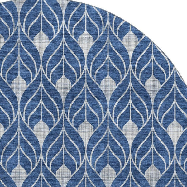 HomeRoots 8' Stylish Navy Blue & Silver Geometric Washable Round Rug - UV Protected, Stain Resistant & Durable 674026