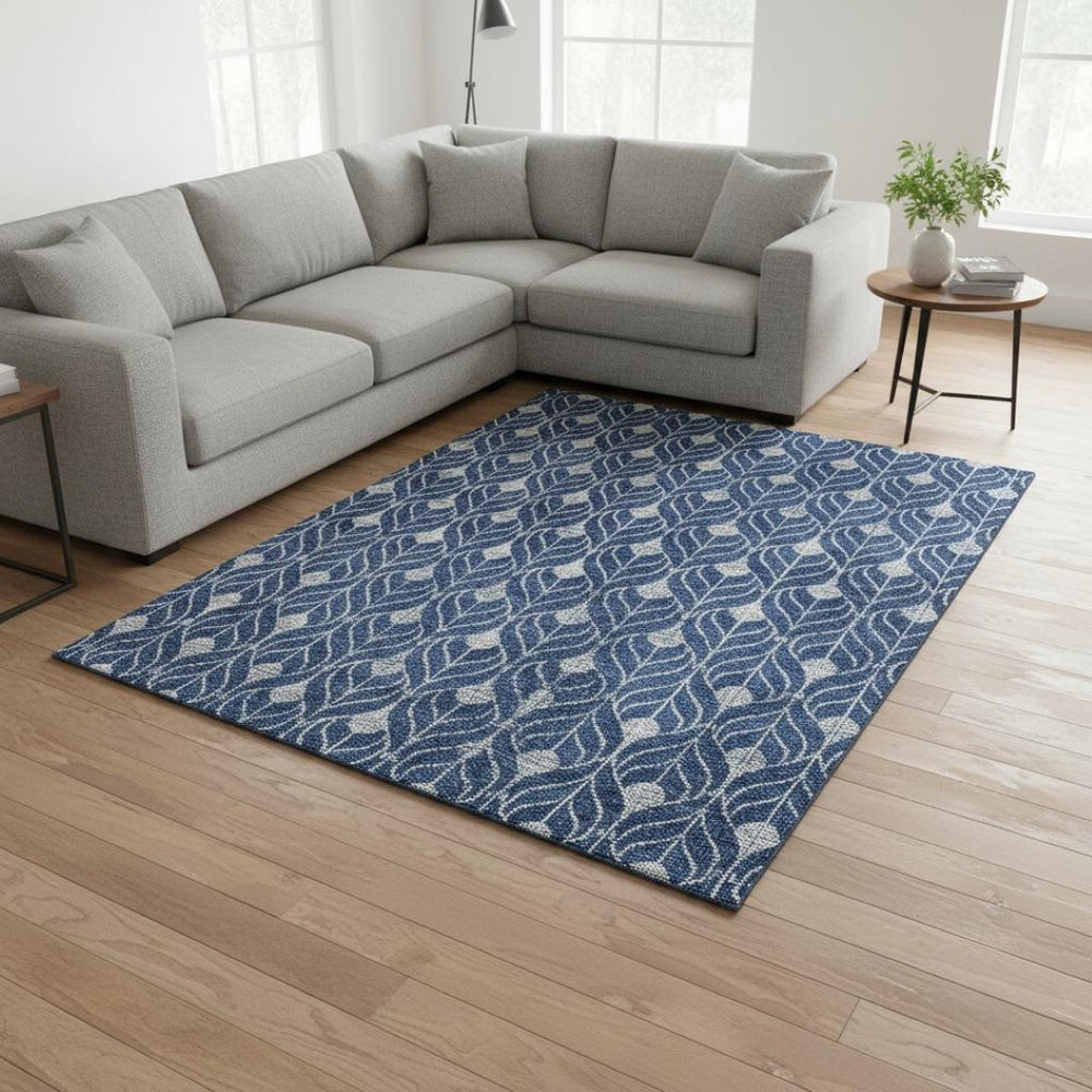 HomeRoots 9' X 12' Navy Blue & Silver Geometric Area Rug - Washable, UV Protected, Stain Resistant for Homes 674028