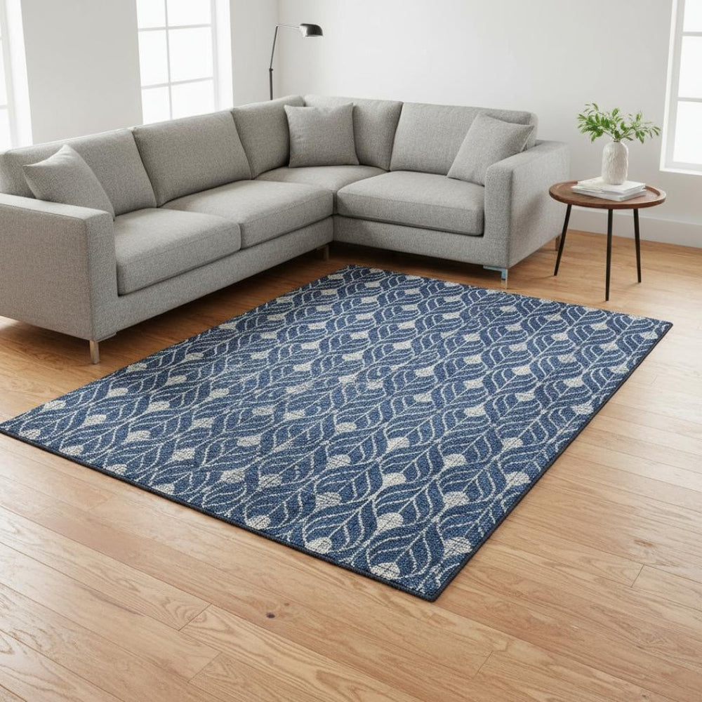 HomeRoots 10' Navy Blue & Silver Geometric Area Rug - Washable, UV-Protected, Durable for Homes with Kids & Pets 674029
