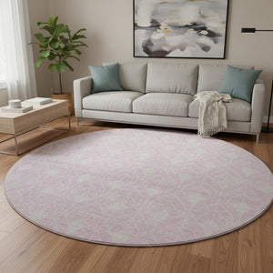 HomeRoots 8' Modern Pink and Ivory Geometric Round Rug - Washable, UV Protected, Durable for Kids & Pets 674032