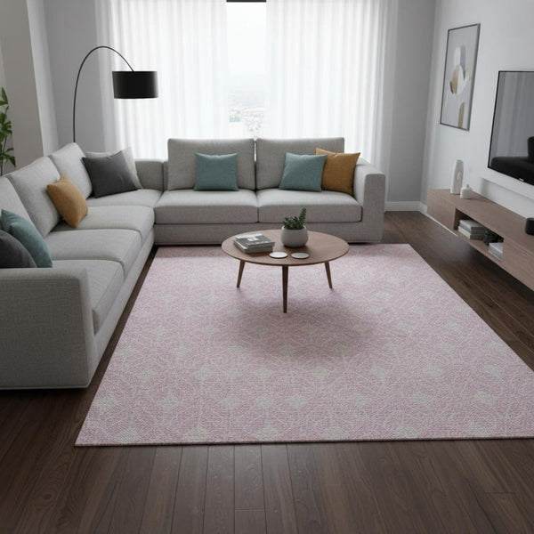 HomeRoots 10' X 14' Pink And Ivory Geometric Area Rug - Washable, UV Protected, Stylish & Durable for Homes 674035