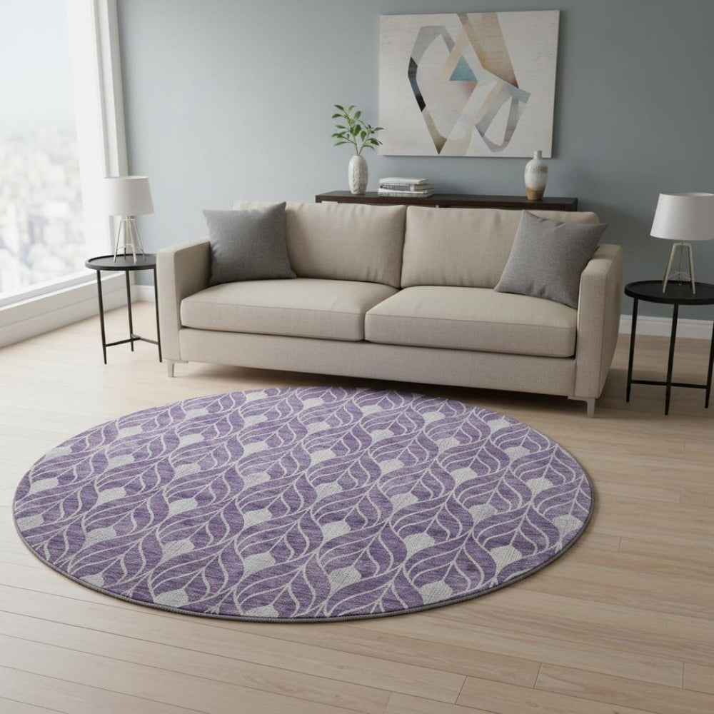 HomeRoots 8' Purple and Gray Geometric Washable Round Rug - Durable, Stain-Resistant, UV-Protected Design! 674038