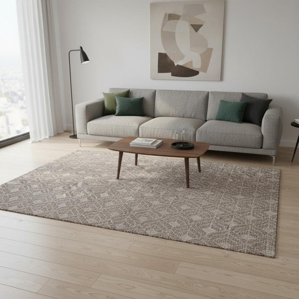 HomeRoots 5' X 8' Taupe And Beige Geometric Area Rug – Stylish, Washable, UV-Protected for Homes with Kids & Pets 674043