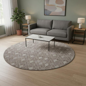 HomeRoots 8' Taupe and Beige Geometric Round Rug - Washable, UV Protected, Durable for High-Traffic Areas 674044