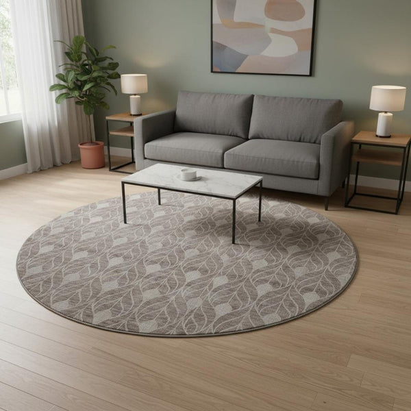 HomeRoots 8' Taupe and Beige Geometric Round Rug - Washable, UV Protected, Durable for High-Traffic Areas 674044