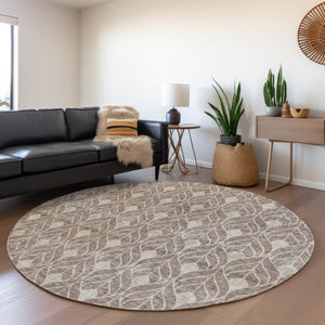 HomeRoots 8' Taupe and Beige Geometric Round Rug - Washable, UV Protected, Durable for High-Traffic Areas 674044