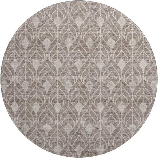 HomeRoots 8' Taupe and Beige Geometric Round Rug - Washable, UV Protected, Durable for High-Traffic Areas 674044