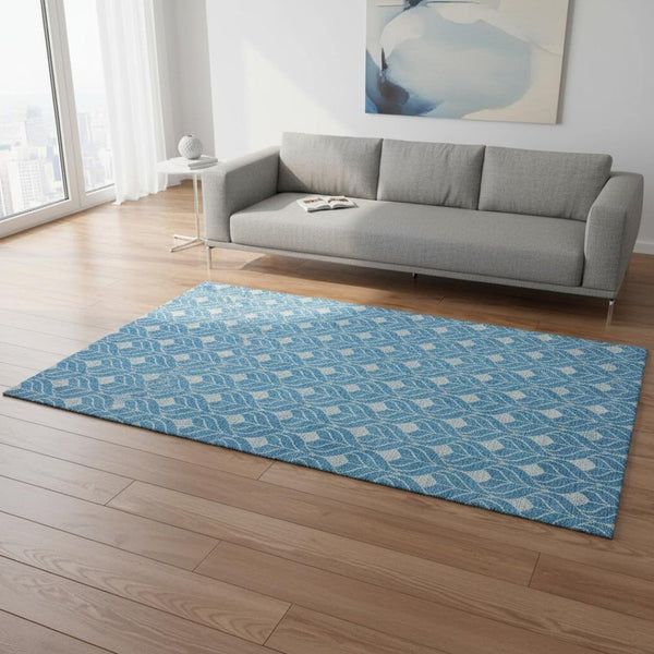HomeRoots 5' X 8' Teal & Silver Geometric Area Rug - Washable, UV Protected, Stain Resistant for Homes 674049