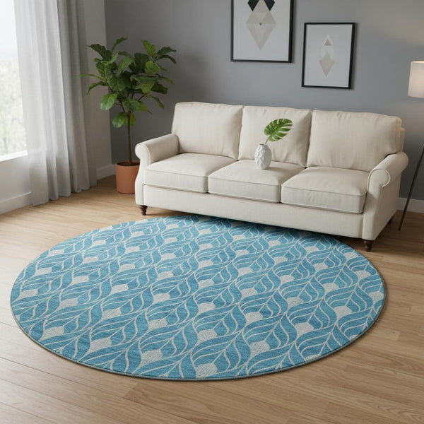 HomeRoots 8' Teal And Silver Geometric Round Rug - UV Protected, Washable, Durable, Stylish for Every Room 674050