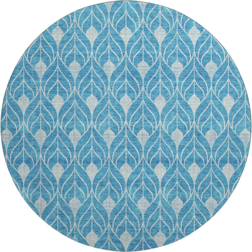 HomeRoots 8' Teal And Silver Geometric Round Rug - UV Protected, Washable, Durable, Stylish for Every Room 674050