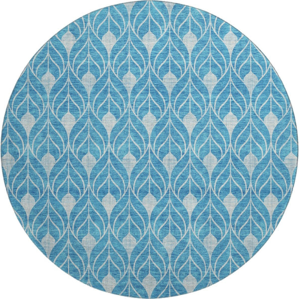 HomeRoots 8' Teal And Silver Geometric Round Rug - UV Protected, Washable, Durable, Stylish for Every Room 674050