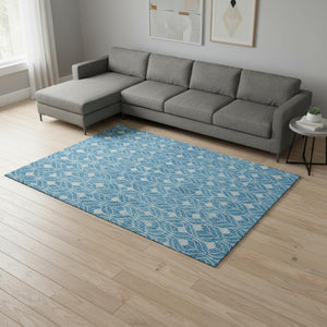HomeRoots 9' X 12' Stylish Teal & Silver Geometric Area Rug – Washable, UV-Protected, Ideal for Pet-Friendly Homes 674052