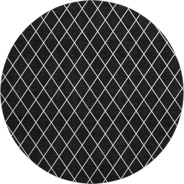 HomeRoots 8' Black and Ivory Geometric Round Rug - Washable, UV-Protected, Stain-Resistant for Modern Spaces 674062
