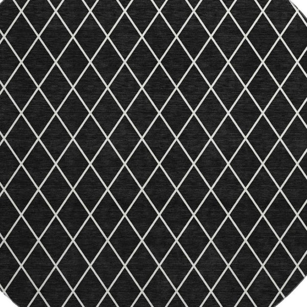 HomeRoots 8' Black and Ivory Geometric Round Rug - Washable, UV-Protected, Stain-Resistant for Modern Spaces 674062
