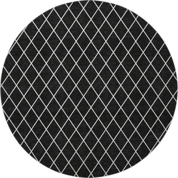 HomeRoots 8' Black and Ivory Geometric Round Rug - Washable, UV-Protected, Stain-Resistant for Modern Spaces 674062