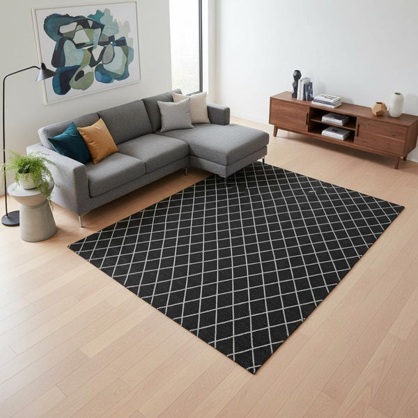 HomeRoots 9' X 12' Modern Black and Ivory Geometric Area Rug - Washable, UV Protected, Stain-Resistant Design 674064
