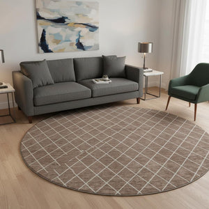 HomeRoots 8' Brown and Ivory Geometric Round Rug - Washable, UV Protected, Durable & Stylish for Any Space 674068