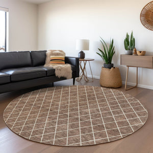 HomeRoots 8' Brown and Ivory Geometric Round Rug - Washable, UV Protected, Durable & Stylish for Any Space 674068