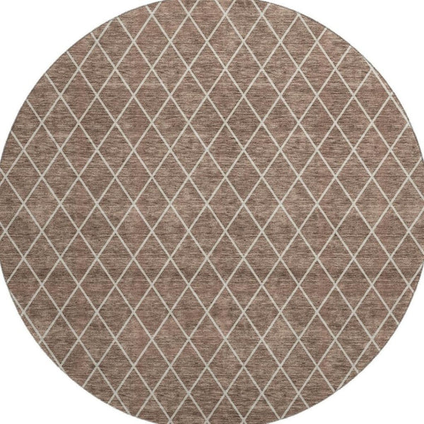 HomeRoots 8' Brown and Ivory Geometric Round Rug - Washable, UV Protected, Durable & Stylish for Any Space 674068
