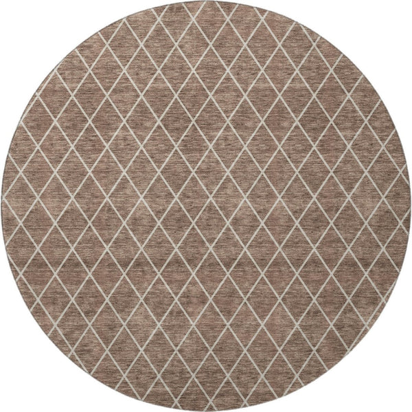 HomeRoots 8' Brown and Ivory Geometric Round Rug - Washable, UV Protected, Durable & Stylish for Any Space 674068