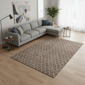 HomeRoots 9' X 12' Brown and Ivory Geometric Area Rug - Washable, UV Protected, Stain Resistant, Stylish Design 674070