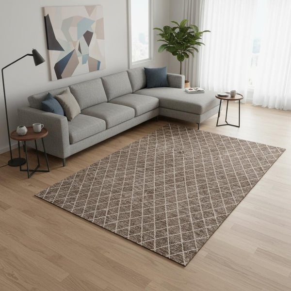 HomeRoots 9' X 12' Brown and Ivory Geometric Area Rug - Washable, UV Protected, Stain Resistant, Stylish Design 674070