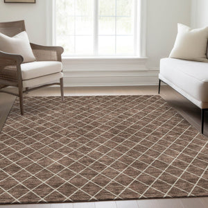 HomeRoots 9' X 12' Brown and Ivory Geometric Area Rug - Washable, UV Protected, Stain Resistant, Stylish Design 674070