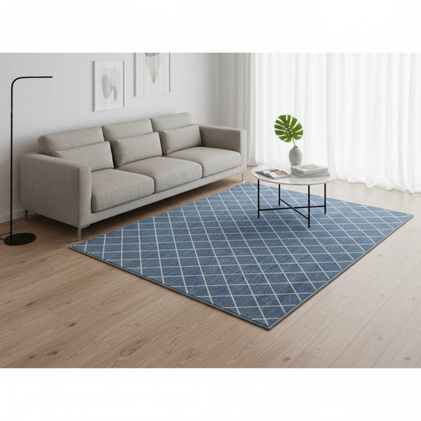 HomeRoots 5' X 8' Denim Blue & Ivory Geometric Area Rug – Machine Washable, UV Protected, Pet-Friendly Design 674073