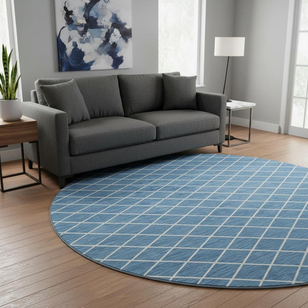 HomeRoots 8' Denim Blue Geometric Round Rug – Washable, UV Protected, Stain Resistant for Modern Spaces 674074