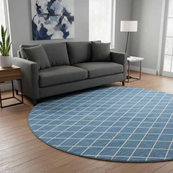 HomeRoots 8' Denim Blue Geometric Round Rug – Washable, UV Protected, Stain Resistant for Modern Spaces 674074